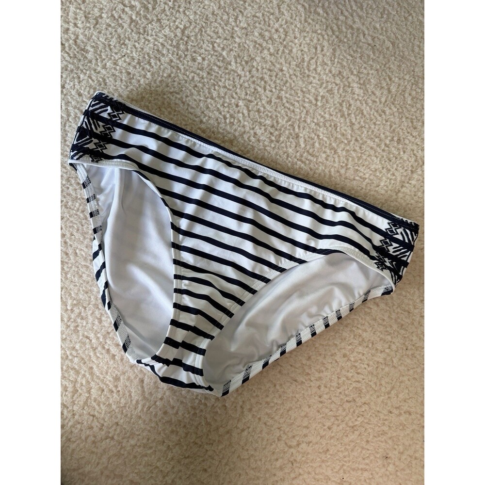 Lands’ End Size 14 White Navy Blue Stripe Embroidery Bikini Bottom NWT